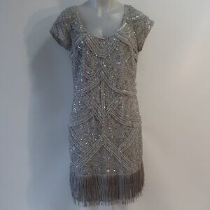 Womens Aidan Mattox Gray Silver Sequin Cap Sleeve Midi Sheath Pencil Dress 14